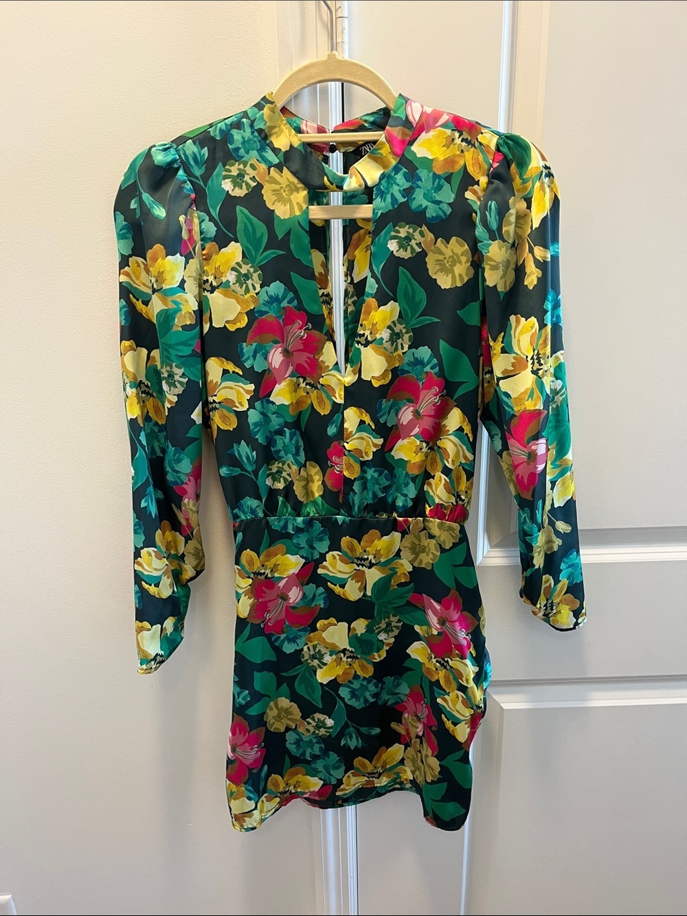 Floral Long-Sleeve Mini Dress - Yellow & Green Floral